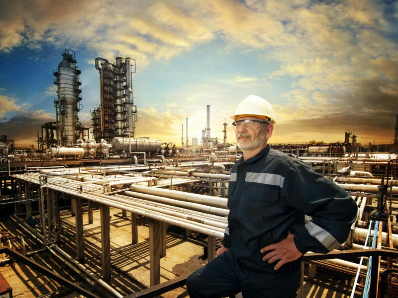 Experienced engineer overlooking oil refinery plant in a sunset, dramatic sky colors