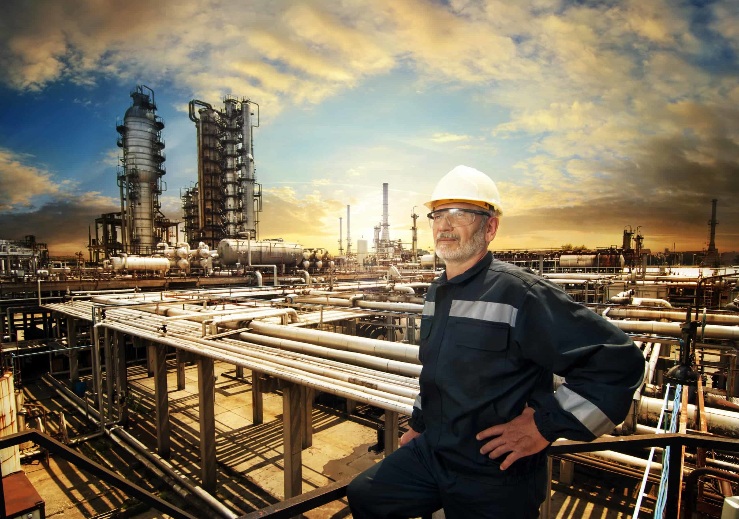 Experienced engineer overlooking oil refinery plant in a sunset, dramatic sky colors